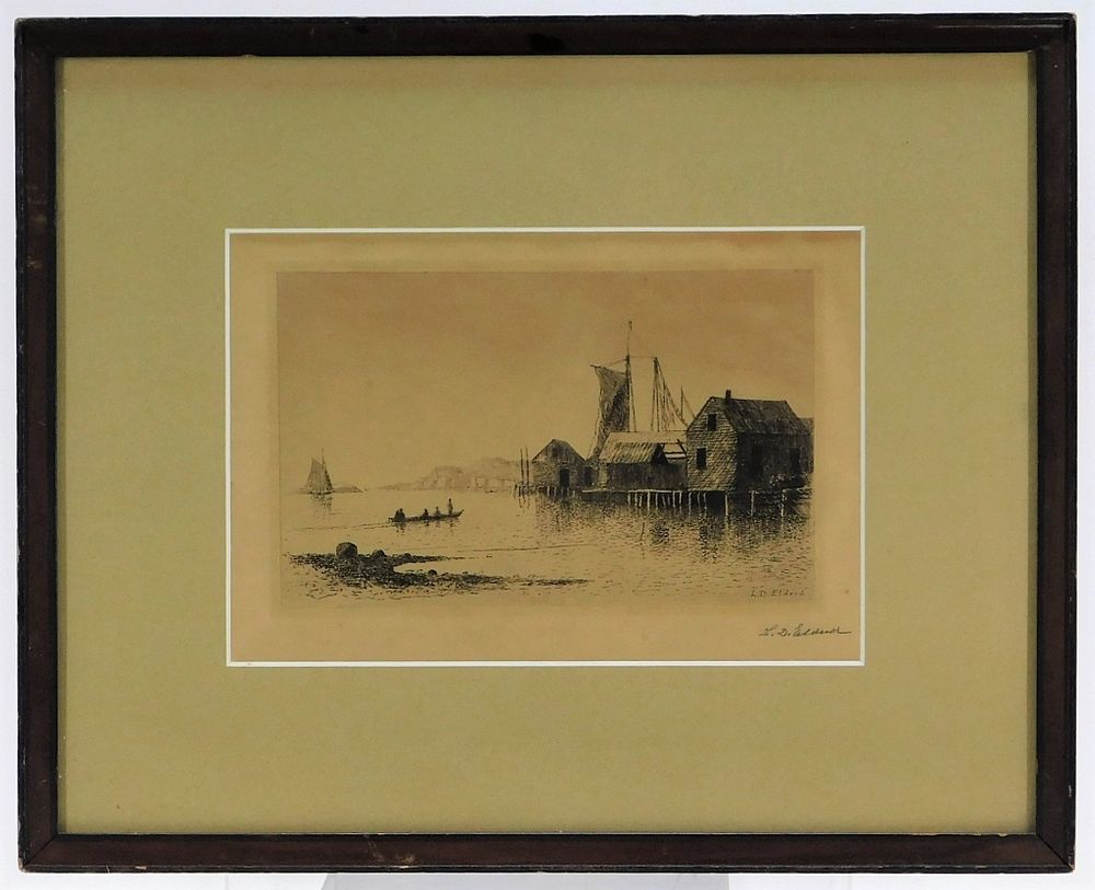 Appraisal: Lemuel D Eldred New England Harbor Scene Etching Massachusetts -