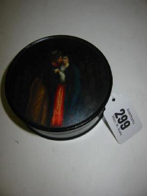 Appraisal: A RUSSIAN BLACK LACQUER CIRCULAR BOX AND COVER painted with