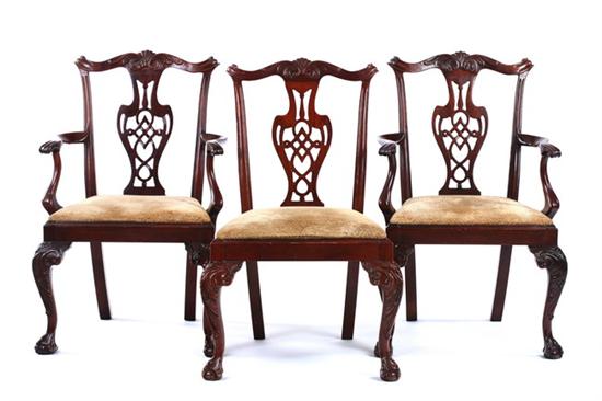 Appraisal: SET FIVE CHIPPENDALE STYLE CARVED MAHOGANY OPEN-ARM CHAIRS th century