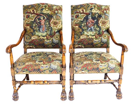 Appraisal: Pair of William and Mary style open arm chairs handcrafted