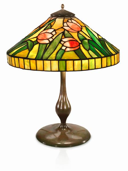 Appraisal: An American leaded glass and patinated-metal tulip lamp early th