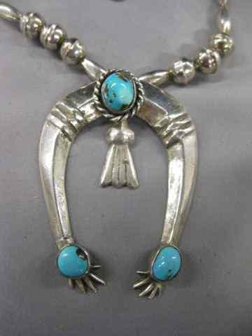 Appraisal: Indian Sterling Turquoise Necklace squash blossom style '' long