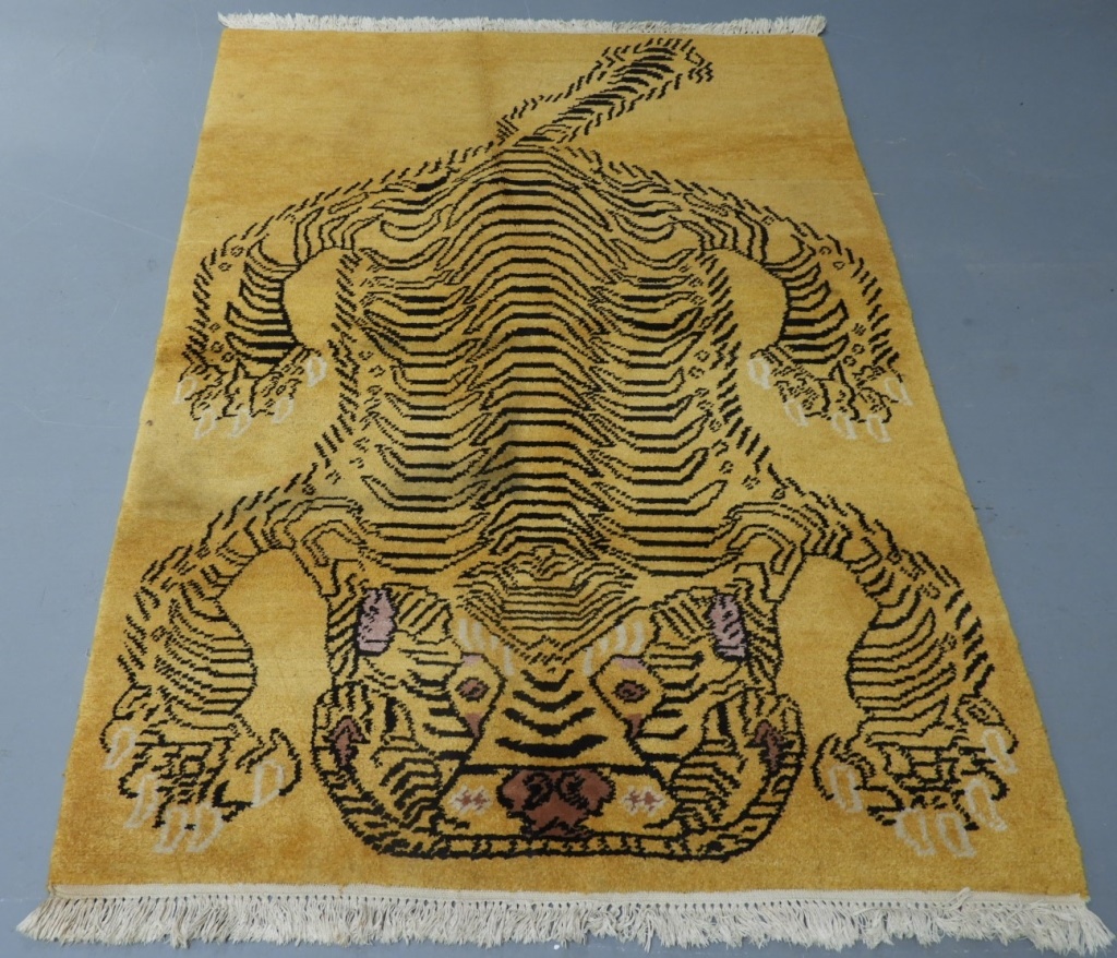 Appraisal: TIBETAN SPRAWLED TIGER DECORATIVE WOOL CARPET RUG Tibet th CenturySprawled