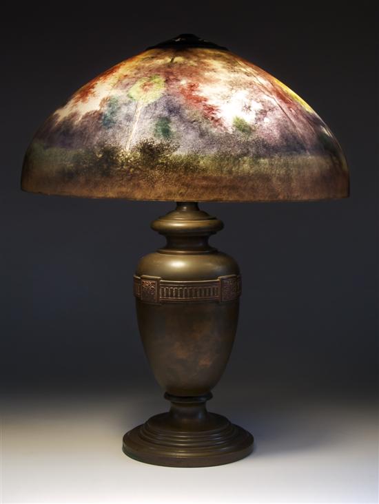 Appraisal: An American Reverse Painted Lamp Handel Diameter of shade inches