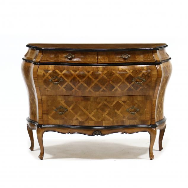 Appraisal: VINTAGE ITALIANATE PARQUETRY INLAID COMMODE First half th century burl