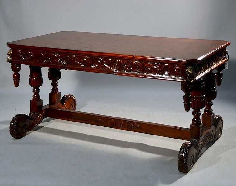 Appraisal: Mahogany Carved Library Table Mahogany carved library table Ornate carved