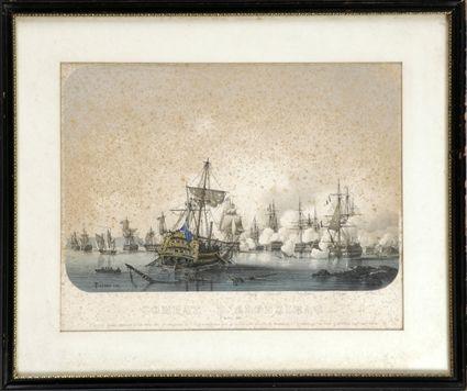 Appraisal: French School th C Combat d'Algeziras Hand-colored lithograph matted and