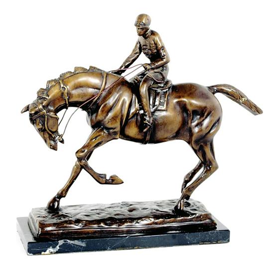 Appraisal: Bronze mounted jockey sculpture with dark brown patina on marble