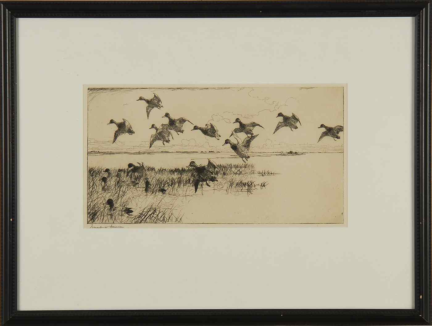 Appraisal: FRAMED FRANK BENSON DRYPOINT ETCHINGRedheads Coming'' depicting a flock of