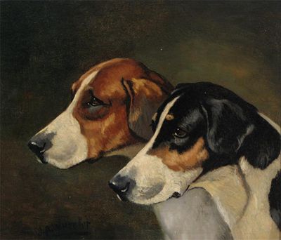 Appraisal: John Alfred Wheeler - Two foxhounds Signed Oil on board