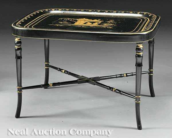 Appraisal: An Antique English T le Peinte Tray on Later Stand