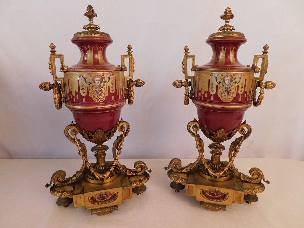 Appraisal: PAIR FRENCH SEVRES TYPE URNS Pair of antique French porcelain