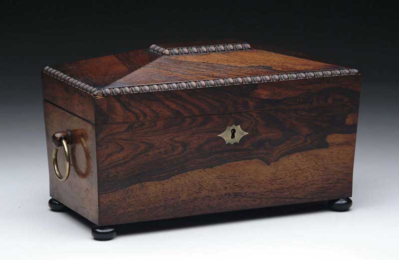 Appraisal: FINE REGENCY ROSEWOOD SARCOPHAGUS TEA CADDY Beaded decorated mansard cover