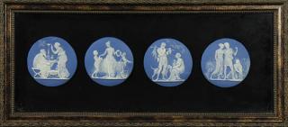 Appraisal: Framed Jasperware plaques Framed Jasperware plaques likely Wedgwood each decorated