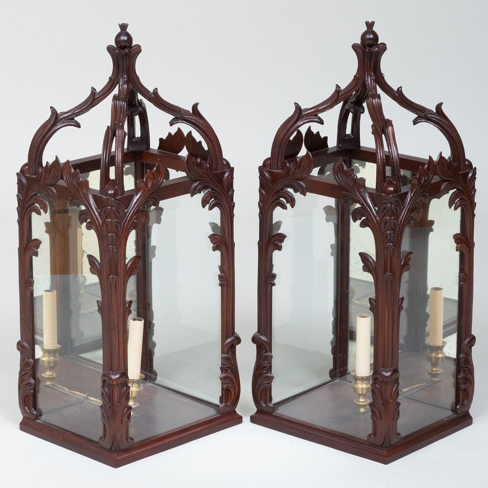 Appraisal: Pair of Modern English Stained Wood Palm Frond Lanterns John