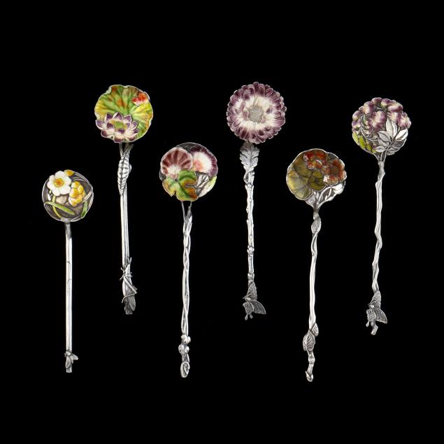 Appraisal: SET OF SIX JAPANESE MEIJI PERIOD ENAMELED SILVER SPOONS Circa