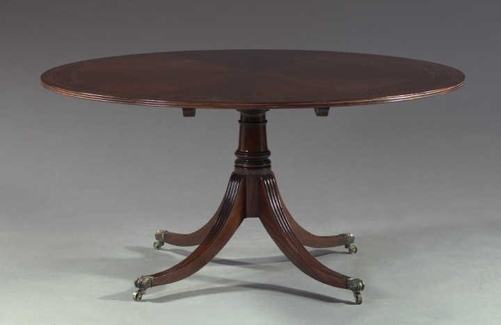 Appraisal: Regency-Style Greek-Key-Banded Inlaid Mahogany Circular Dining Table the top with