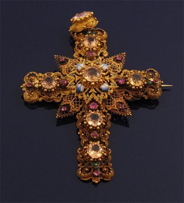 Appraisal: A th Century filigree gold cruciform pendant Set with assorted