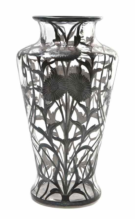 Appraisal: An Art Nouveau Silver Overlay Glass Vase of baluster form