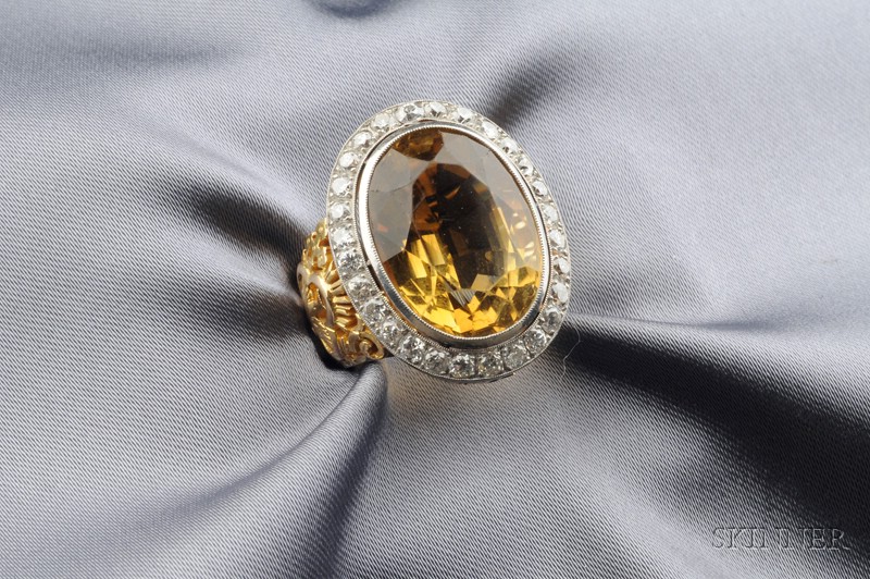 Appraisal: Citrine and Diamond Ecclesiastical Ring bezel-set with an oval-cut citrine