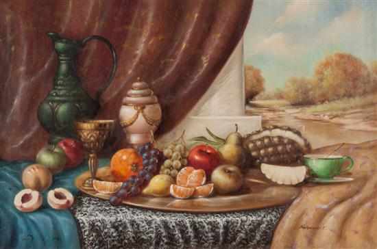 Appraisal: Karolyne Reinprecht Hungarian b Still Life with Fruit and Objects