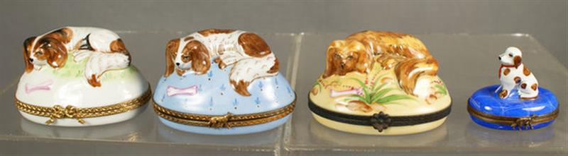 Appraisal: Limoges porcelain dog themed dresser boxes largest one retailed by