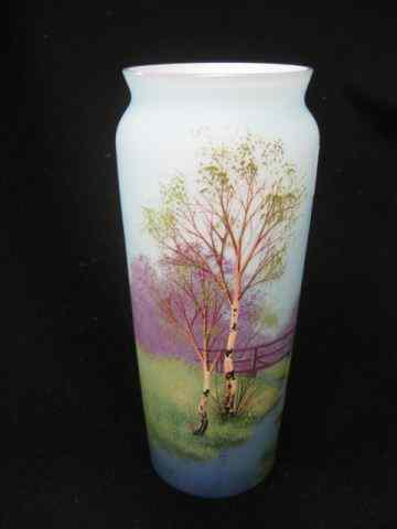 Appraisal: Enameled Art Glass Vase landscape with stream birch trees on