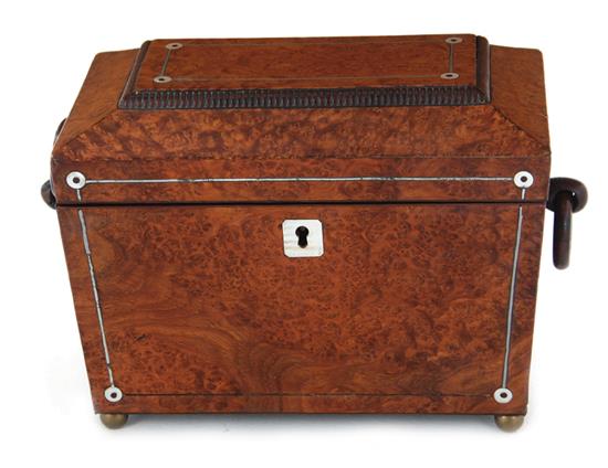 Appraisal: English nacre-inlaid burl walnut tea caddy th century coffer-form hinged