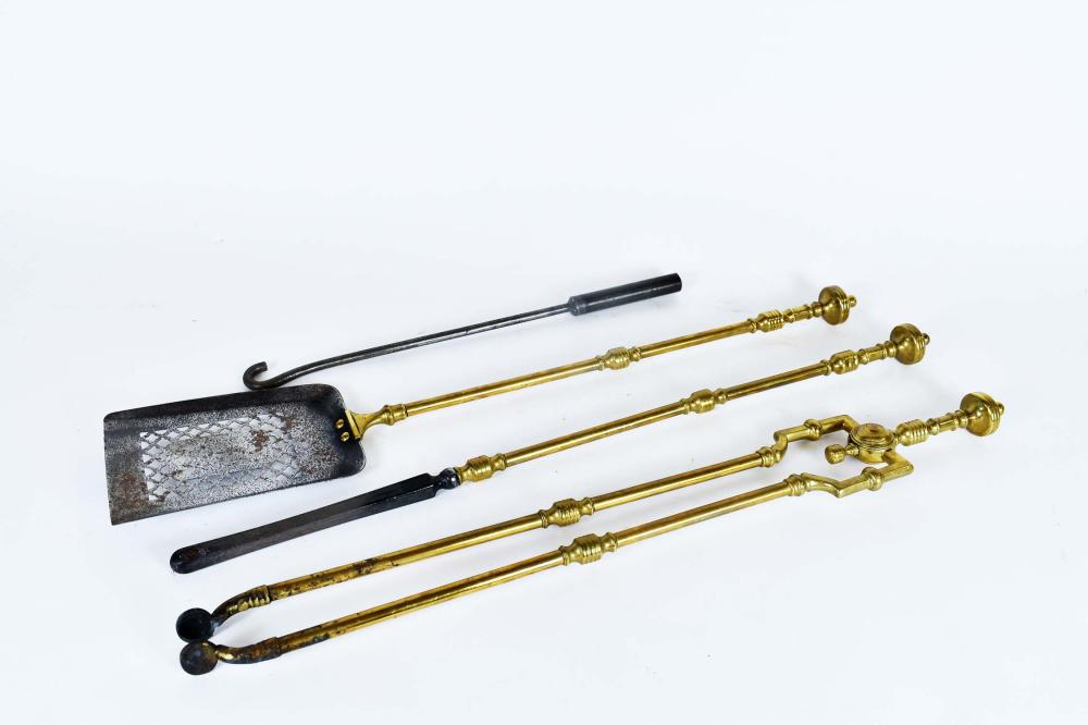 Appraisal: GROUP OF BRASS FIRE TOOLS th Century Comprising poker tongs