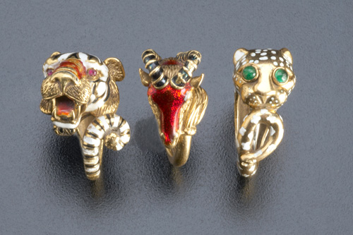 Appraisal: Three enameled animal rings wtih gemset eyes in k yg