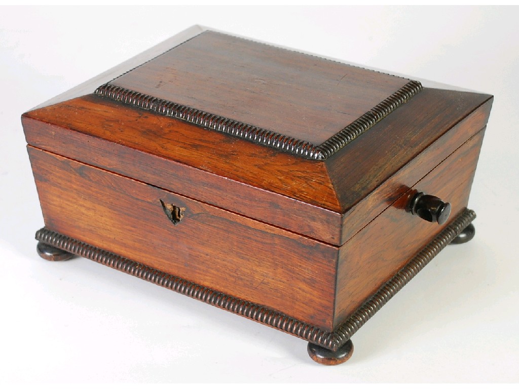 Appraisal: WILLIAM IV ROSEWOOD SARCOPHAGUS SHAPED BOX with reel turned applied