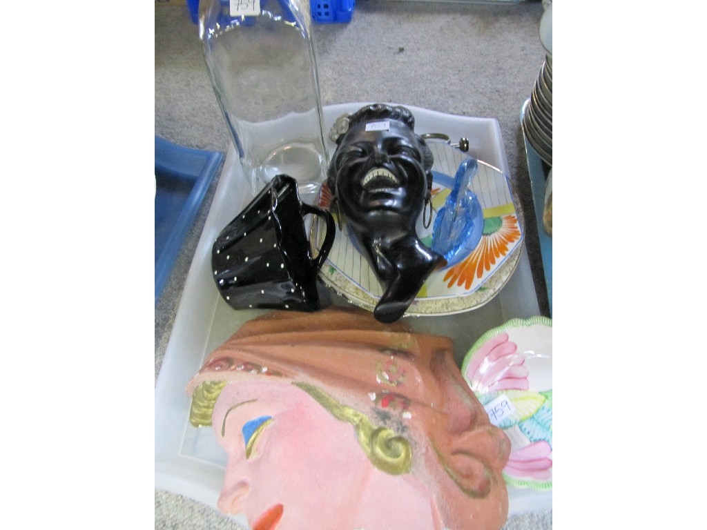 Appraisal: Tray lot to include two wall masks perfume bottle decanter