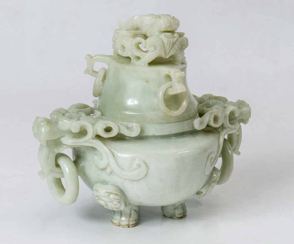 Appraisal: CARVED GREEN SERPENTINE CENSER Lid with figural dragon finial handles