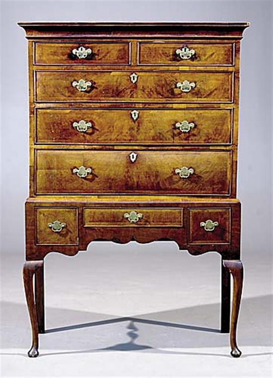 Appraisal: George II style burl walnut highboy th centurycoved cornice over