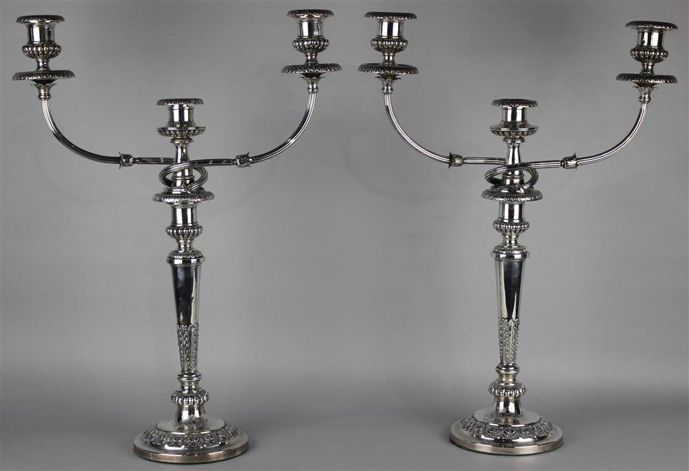 Appraisal: PAIR OF MATTHEW BOULTON GEORGE III SILVER ARMORIAL THREE-LIGHT CANDELABRA