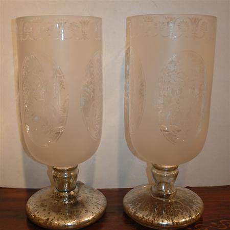 Appraisal: Pair of Frosted Etched and Mercury Glass Hurricane Shades Estimate