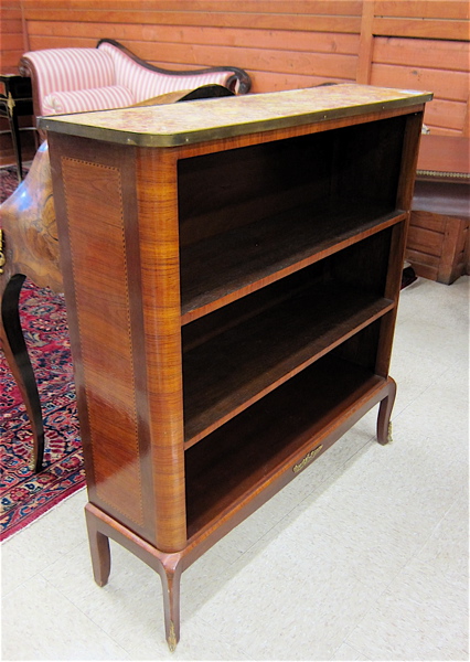 Appraisal: LOUIS XV STYLE OPEN-SHELF BIBLIOTHEQUE mahogany with brass-rimmed breccia marble