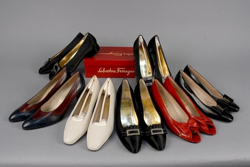 Appraisal: SEVEN PAIR LADIES FERRAGAMO SHOES Mostly low heel including black