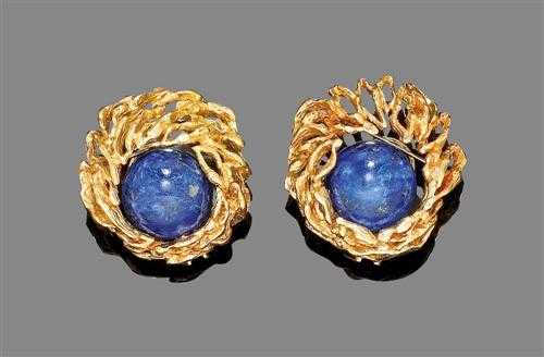 Appraisal: GOLD AND GEMSTONE CLIP EARRINGS GILBERT ALBERT Yellow gold Decorative