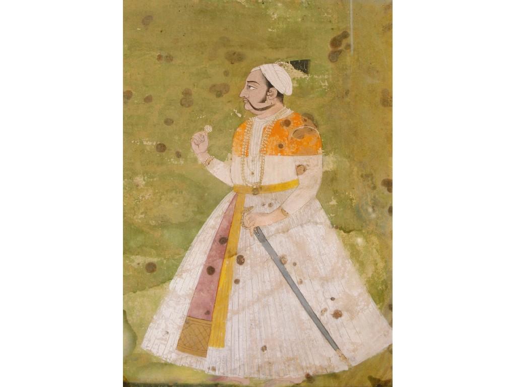 Appraisal: INDO PERSIAN SCHOOL A portrait of a Raja standing and