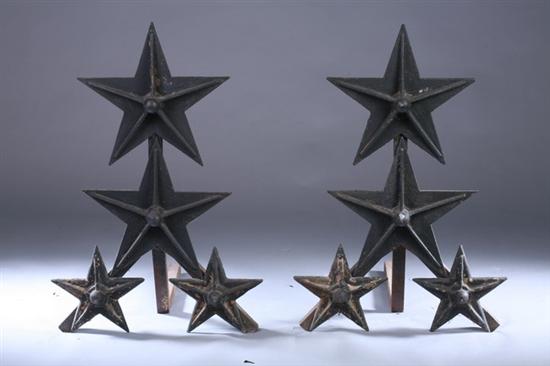 Appraisal: PAIR MONUMENTAL CAST IRON STAR-DESIGN FOLK ART ANDIRONS late th-early