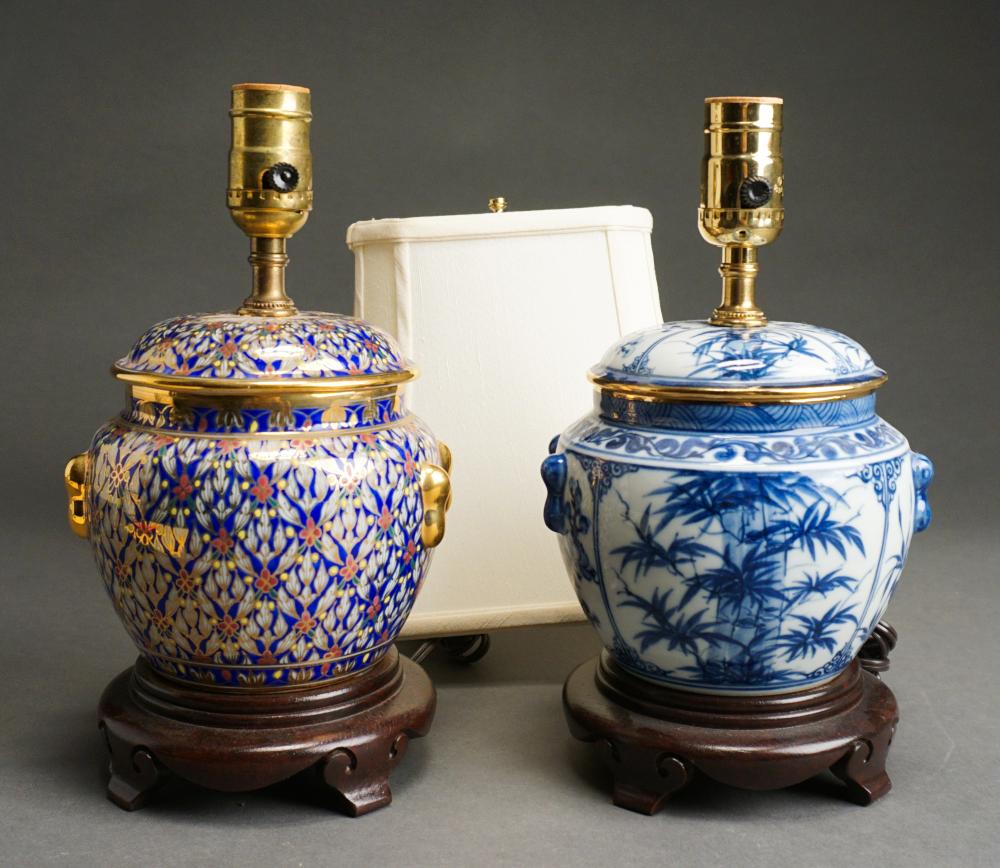 Appraisal: Two Japanese Porcelain Covered Urns Mounted as Lamps H in