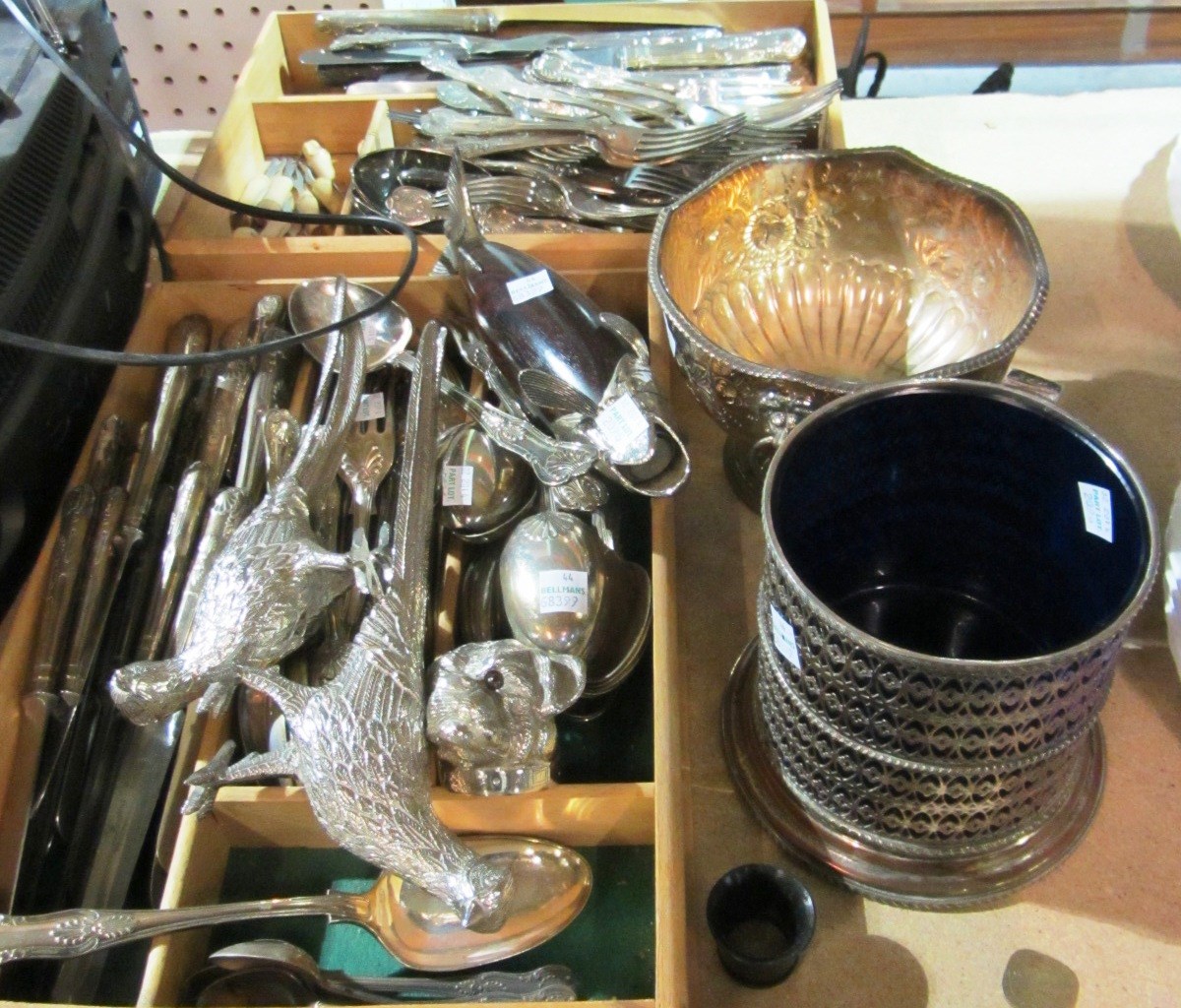 Appraisal: A quantity of silver plate including flatware pheasants bowls and