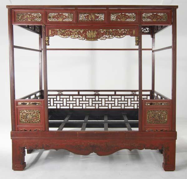 Appraisal: CHINESE th C WEDDING BED Carved figural panels throughout canopy