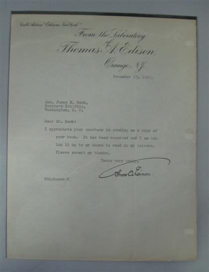 Appraisal: piece Typed Letter Signed Edison Thomas A Orange N J