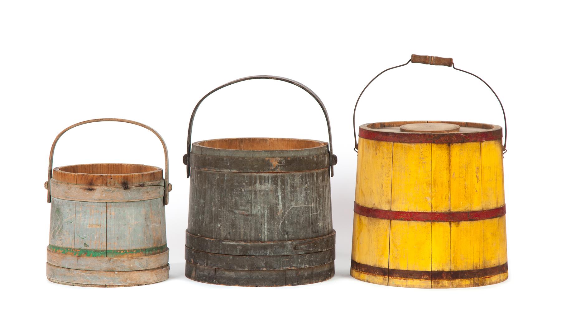 Appraisal: THREE PAINTED BUCKETS American nd half- th century Yellow with