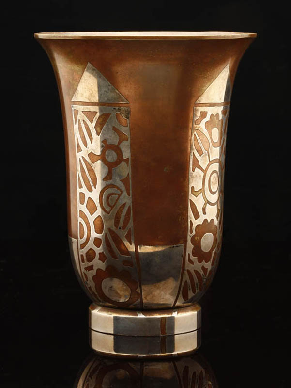 Appraisal: A Christofle Art Deco silver-inlaid copper vase A Christofle Art