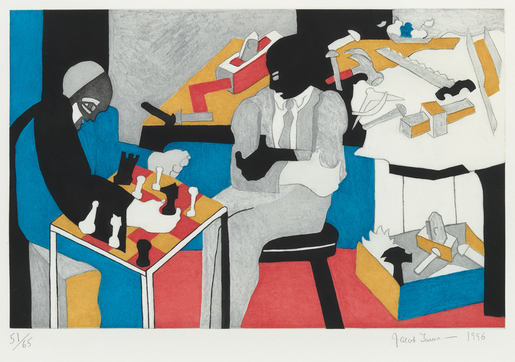 Appraisal: JACOB LAWRENCE - Two Builders Playing Chess Color soft-ground etching