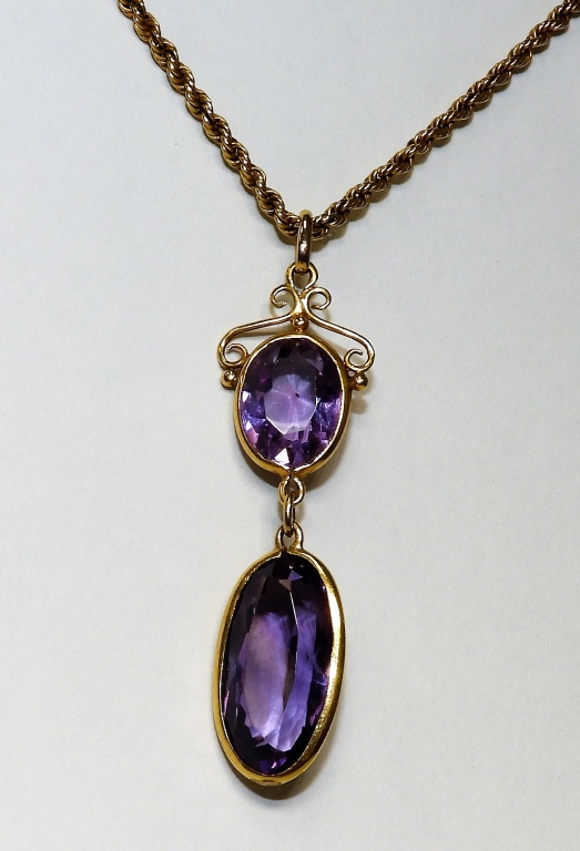 Appraisal: AMETHYST DROP PENDANT K GOLD NECKLACE th CenturyTwo fully cut