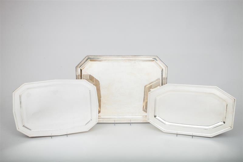 Appraisal: Three Continental Silver-Plated Octagonal Trays Variously marked 'SB ' 'PL